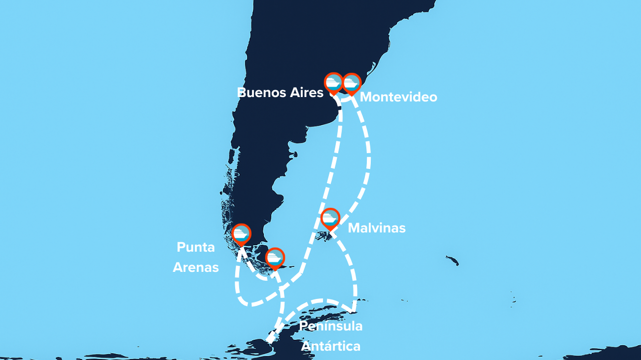 Itinerario de Crucero por Argentina, Chile, Tierra del Fuego, Malvinas y Antártida