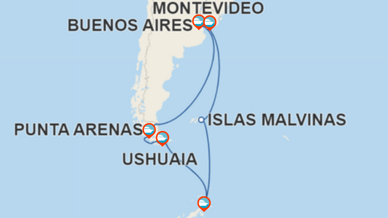 Itinerario de Crucero por Argentina, Chile, Tierra del Fuego, Malvinas y Antártida