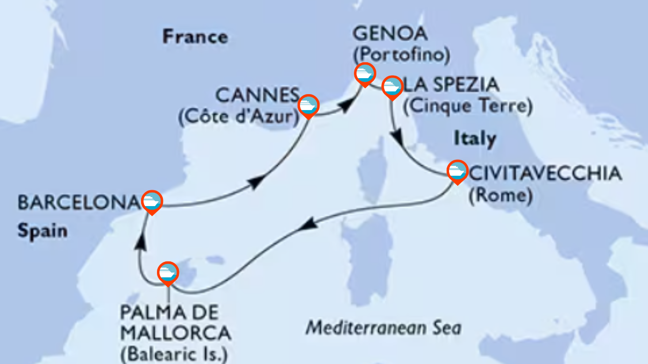 Itinerario de Crucero por el Mediterráneo Occidental desde Civitavecchia (Roma)  - 7 Noches