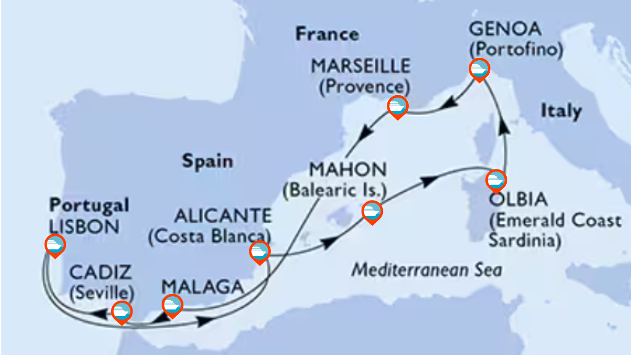 Itinerario de Crucero por el Mediterráneo Occidental desde Lisboa - 10 Noches