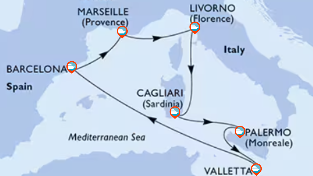 Itinerario de Crucero por Mediterráneo Occidental desde Barcelona - 7 noches