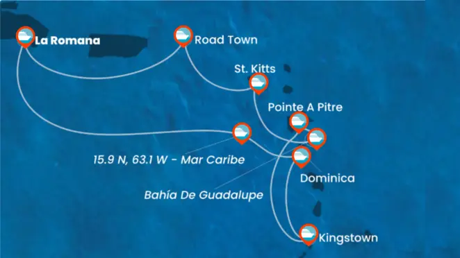 Itinerario de Crucero por República Dominicana, San Vicente y Granadinas, Barbados, Guadalupe, Saint Kitts y Nevis y las Islas Vírgenes Británicas
