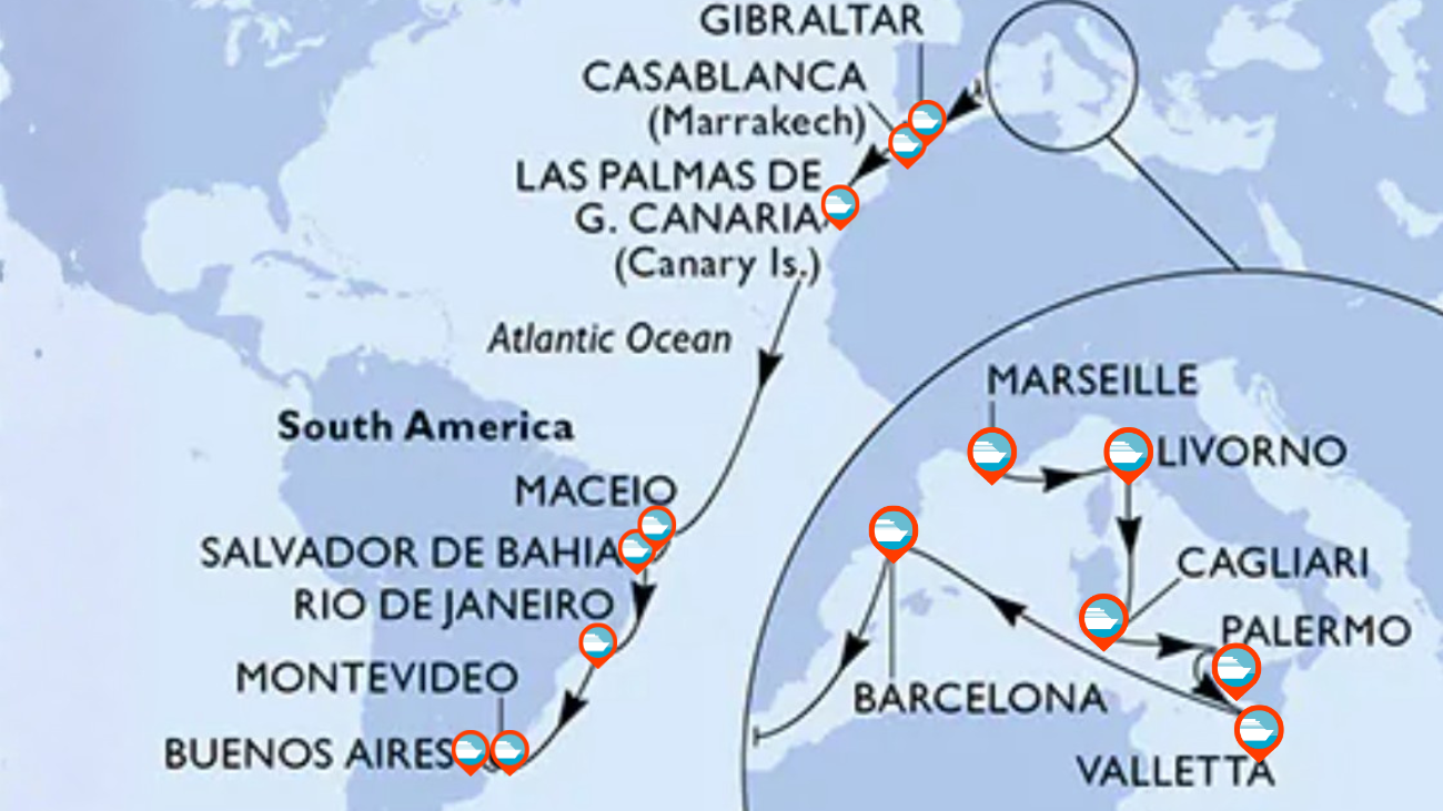 Itinerario de Transatlántico desde Europa a Argentina