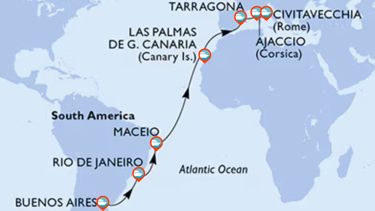 Itinerario de Transatlántico desde Argentina a Europa